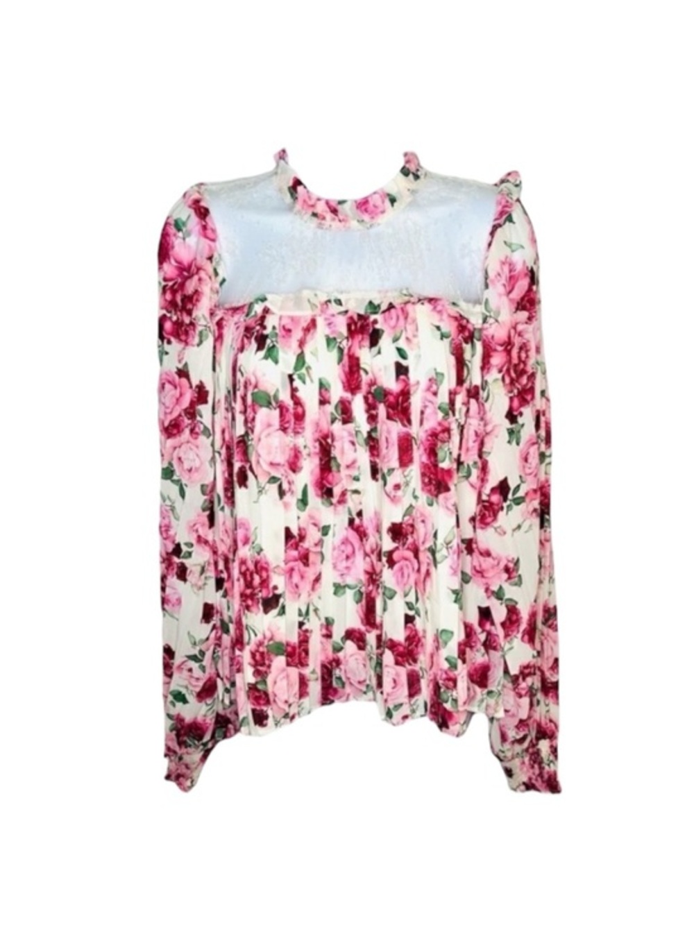 Aura Encourage Her Ivory Multi Floral Print Top Lace Yoke Ruffle Trim Pink M - Picture 1 of 7